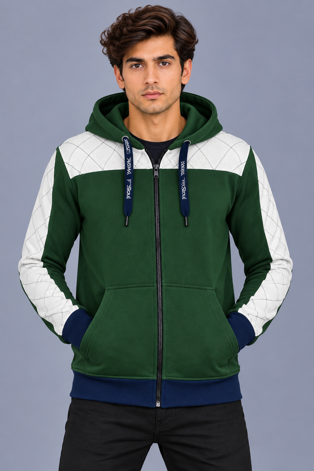 Premium Forest Green & White Quilted Color Block Zip-Up Hoodie-Deep Forest Green-MU33