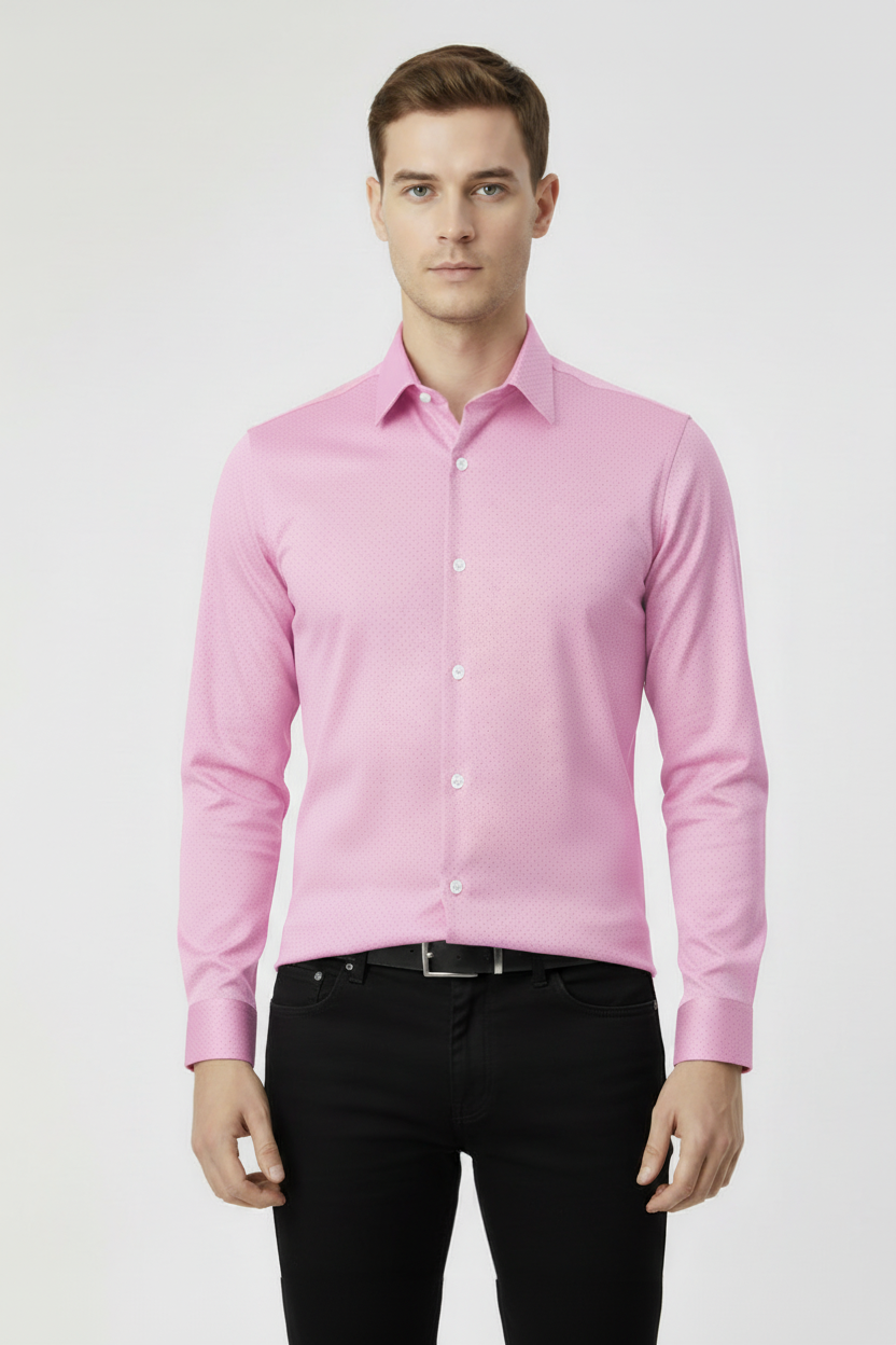 Rawgear 4 Side Lycra Slim Fit Long Sleeve Casual Shirt For Men-Pink With Dots-RG07