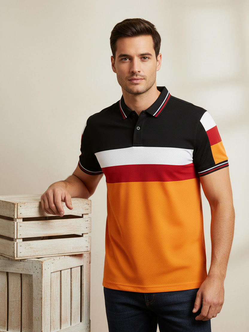 LV SummerDry Fit Polo Shirt For Men-Orange & Black with Panels-SP2729/RT2537