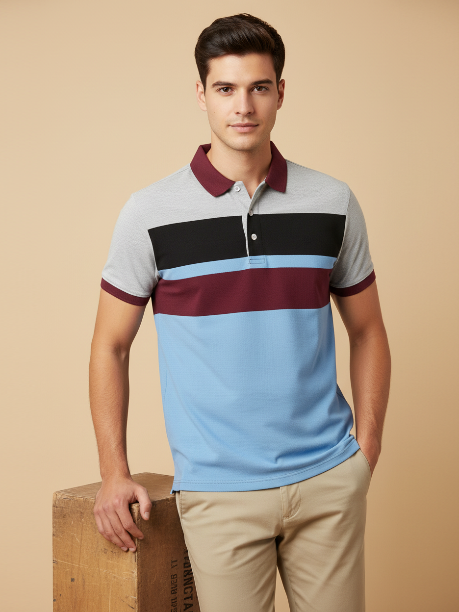 NXT Summer Polo Shirt For Men-Light Grey with Sky & Maroon-BE816/BR13057