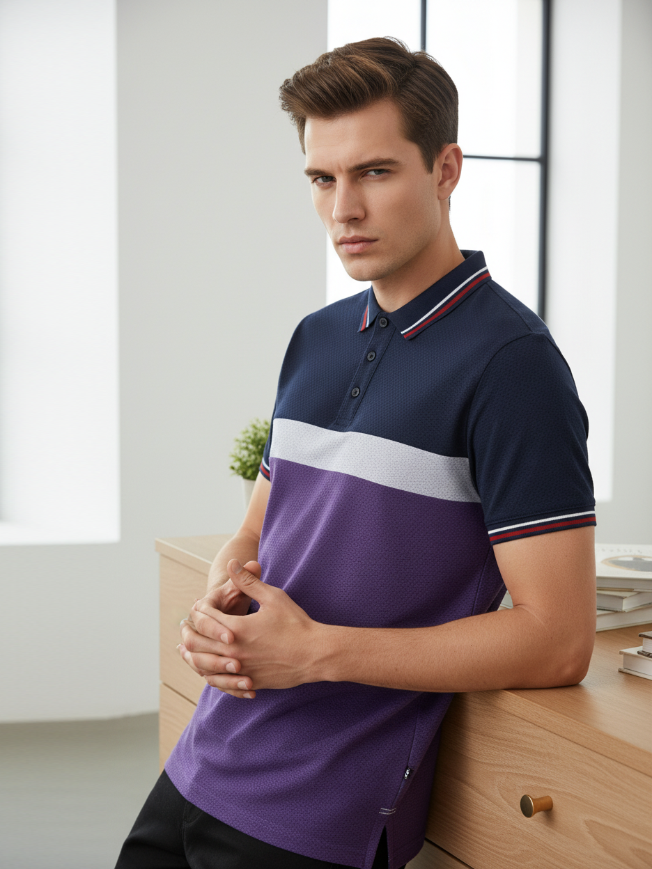 LV Summer Dry Fit Polo Shirt For Men-Dark Purple with Navy & White Stripe-BE1696/BR13911