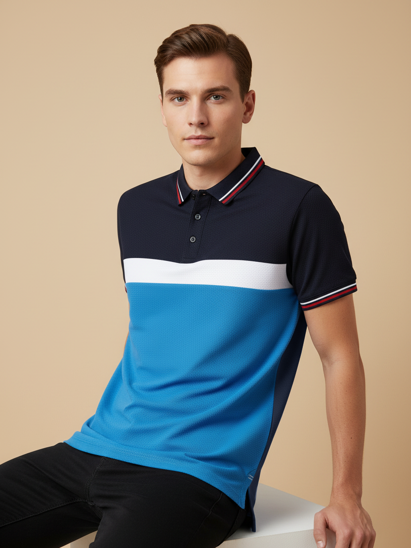 LV Summer Dry Fit Polo Shirt For Men-Navy with White & Sky Panel-BE1698/BR13913