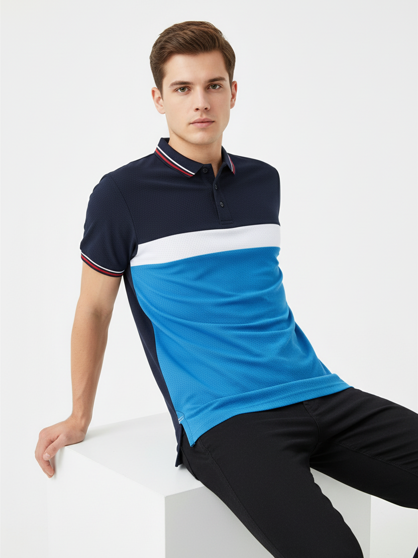 LV Summer Dry Fit Polo Shirt For Men-Navy with White & Sky Panel-BE1698/BR13913
