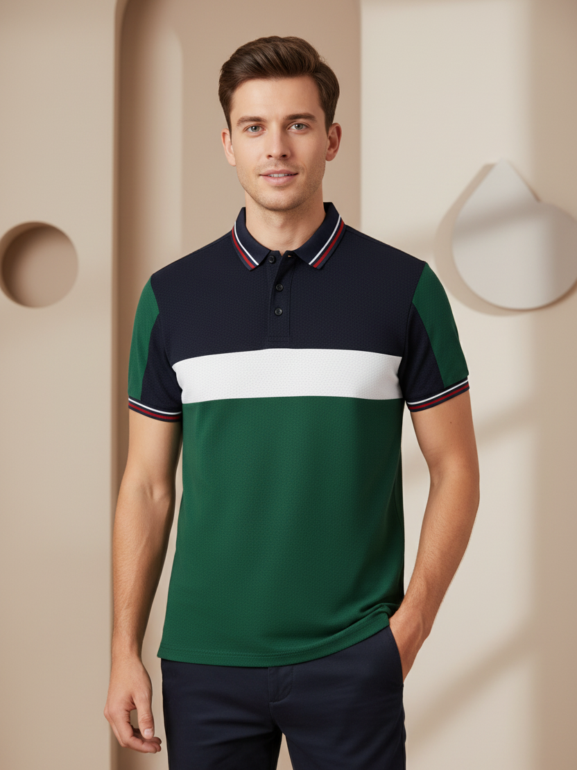 LV Summer Dry Fit Polo Shirt For Men-Navy with White & Green Panel-BE1394/BR13634