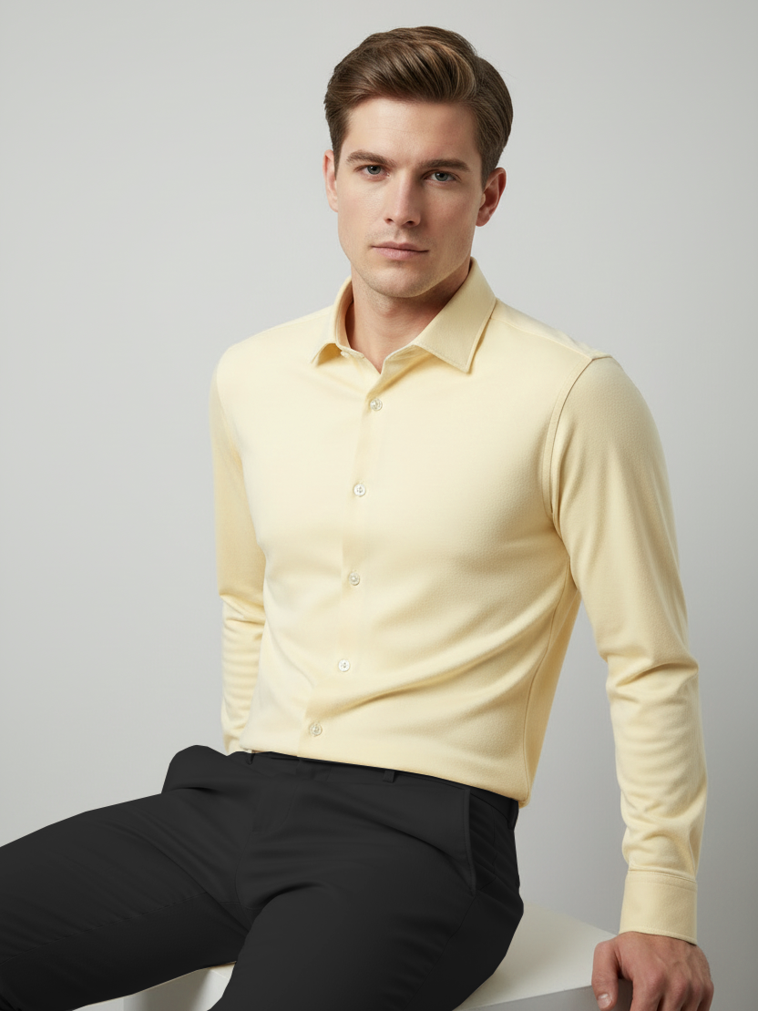 Louis Vicaci Super Stretchy Slim Fit Long Sleeve Summer Formal Casual Shirt For Men-Lime Yellow-BR13429