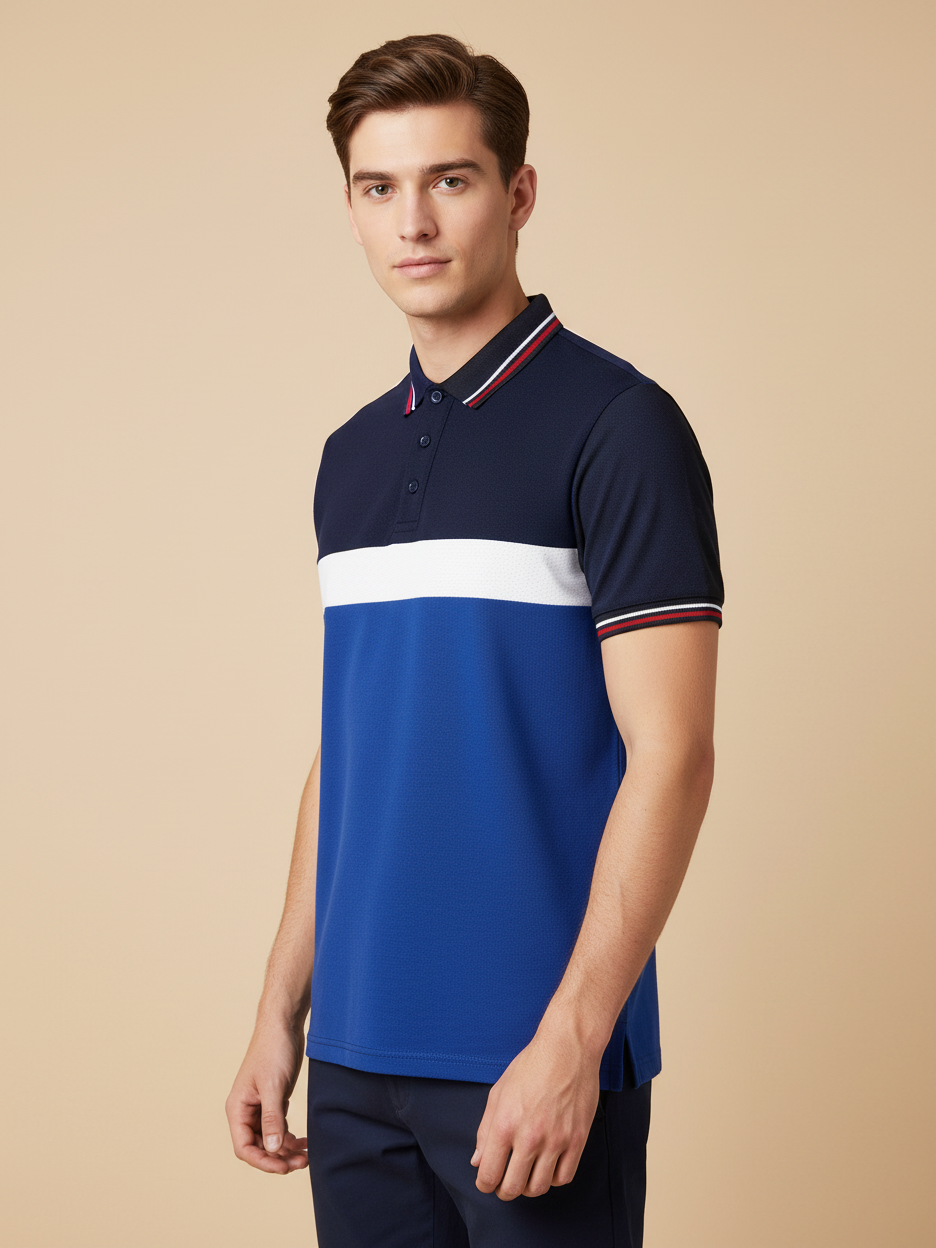 LV Summer Dry Fit Polo Shirt For Men-Navy with White & Blue Panels-BE1742/BR13923