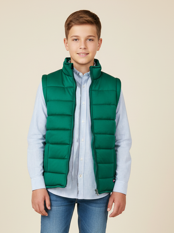 Stylish Sleeveless Winter Zipper Mockneck Jacket For Kids-Teal Green-RSJ10
